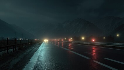 Night highway scene, rain-slicked road, mountains in background, dark moody atmosphere