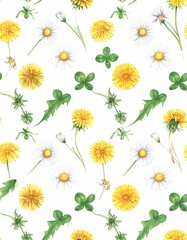 Obraz premium Watercolor Dandelion and Daisy Seamless Pattern