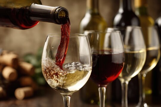 Red wine pouring into a glass, others in background