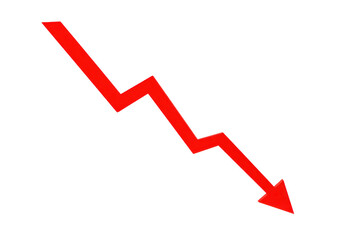 A sharp red zigzag arrow pointing downwards on a stark transparent background symbolizing a decline or negative trend