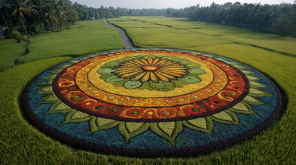 ground level view of beautiful large pookalam over a green field in kerala