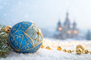 Blue and gold ornament is on the snow