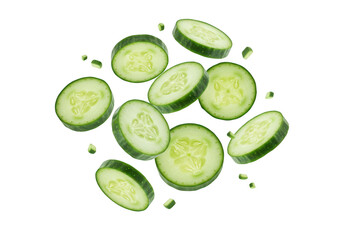 Freshly sliced cucumber rounds are scattered in a dynamic pattern against a clean transparent background representing healthy eating and vibrant