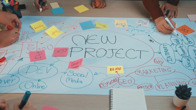 A dynamic brainstorming session showcasing diverse hands engaged in creative planning. Colorful notes surround a central idea, highlighting teamwork and innovation. SACTR