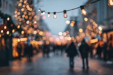 Blurred city street at night, festive lights strung overhead, people walking