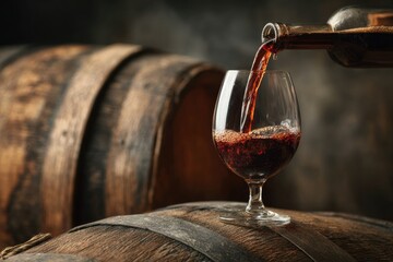 Dark liquid pours from bottle into glass atop aged wooden barrels