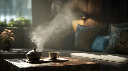 A cozy lounge escape: enjoy calming moments with steaming herbal tea on a low table for relaxation and tranquility in your personal space.