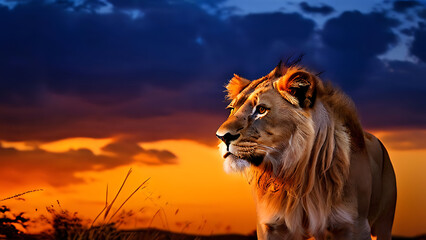 Lion portrait with African savanna landscape background banner, side view, Majestic lion in golden light, showcasing strength and beauty in its natural habitat.
 