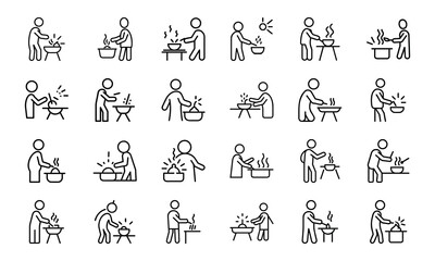 A comprehensive set of 24 black and white line icons representing diverse concepts such as business strategy, education, customer service, and daily life activities.