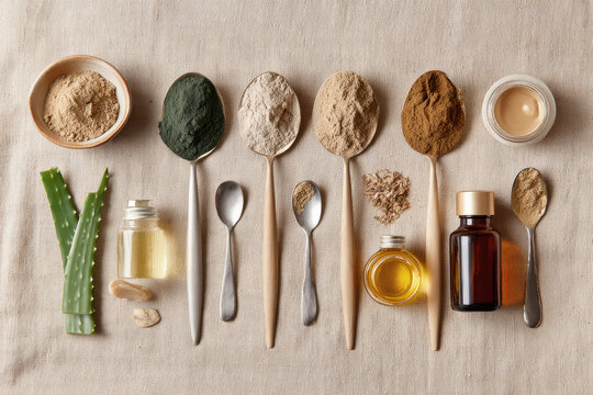 Herbal skincare flat lay - Aloe, neem, multani mitti, oils and spoons arranged on beige cloth background