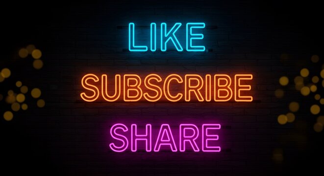 Glowing neon-style "Like", "Share" ,and "Subscribe" signs with festive bokeh lights in the background. Perfect for social media content, YouTube intros, and digital marketing visuals.	
