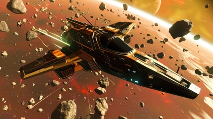 A spaceship flying through an asteroid field with a planet in the background of the space scene