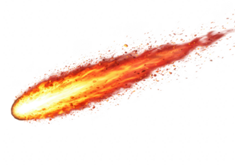 A fiery comet with a bright glowing tail streaks across a transparent background symbolizing speed and cosmic energy