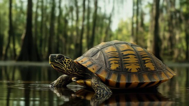 Turtle reptile with patterned shell in forest water reflection habitat, showcasing amphibious animal wildlife in natural calm environment, close up of green brown shell in wet aquatic pond setting