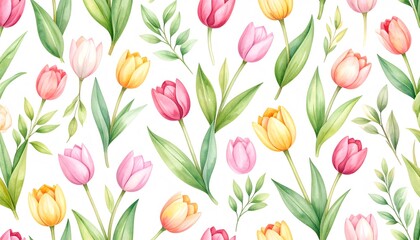 Obraz premium Watercolor Floral Pattern of Pink, Yellow, and Green Tulips on White Background