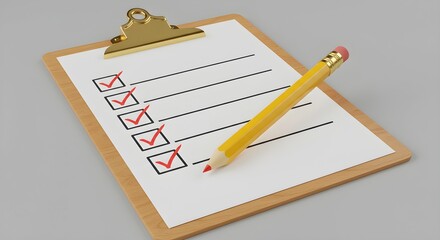 Checklist on clipboard with pencil. Task management and to-do list. Business planning and productivity concept. Gray background.