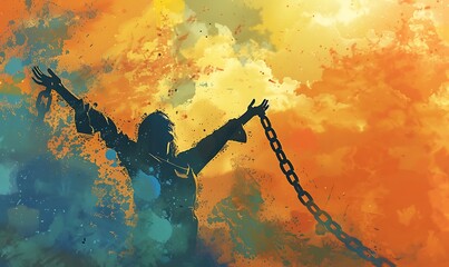 A woman breaking chains, arms raised in joy and freedom, symbolizing the end to a life of oppression.
