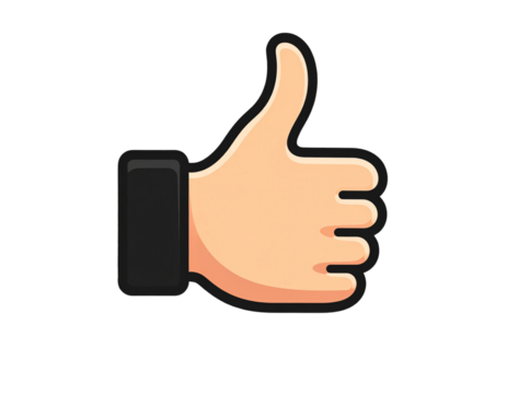Flat Vector Thumbs Up Icon with Bold Outline and Shadow, Minimalist Style, Transparent Background PNG