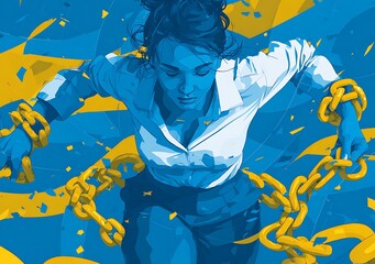 A woman breaking chains, arms raised in joy and freedom, symbolizing the end to a life of oppression.