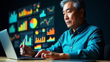 Asian businessman analyzes financial data on computer screen