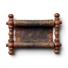 Aged leather scroll on wooden rollers, isolated