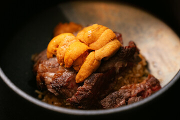 Uni on Grilled Beef with Garlic Fried Rice – Luxury Fusion Cuisine