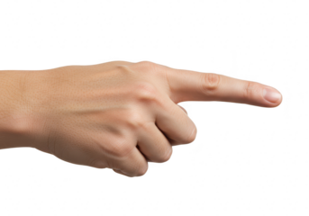 A human hand with the index finger extended pointing to the right against a clean transparent background