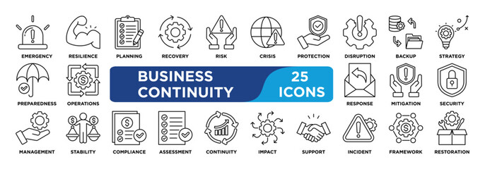 Naklejka premium Business Continuity icon collection set. Containing continuity,resilience,planning,recovery,disruption,risk,crisis,emergency,backup,strategy icon. simple line vector. 