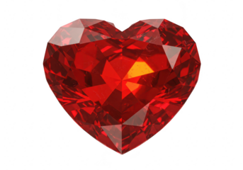 A brilliant red heartshaped gemstone with many facets reflecting light and casting shadows on a transparent background