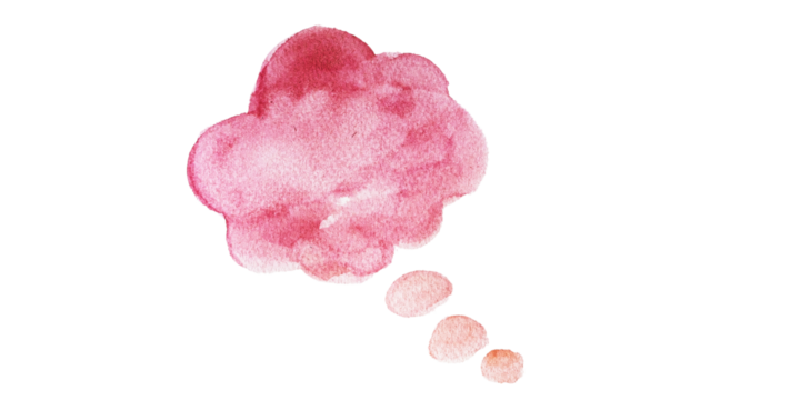 Pink watercolor thought bubble with a series of matching drops isolated on white transparent png background