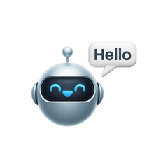 Cute silver robot with blue eyes and hello speech bubble