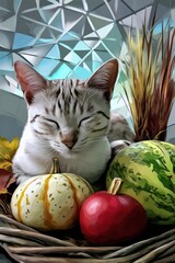 Sleepy cat with fall gourds
