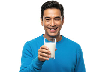 A smiling middleaged man with dark hair wearing a blue sweater holds up a glass of milk towards the camera isolated on transparent background
