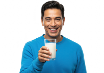 A smiling middleaged man with dark hair wearing a blue sweater holds up a glass of milk towards the camera isolated on transparent background