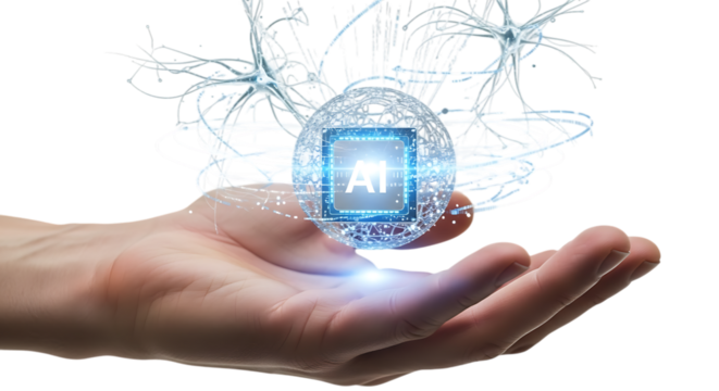 Closeup of a hand holding a glowing sphere representing artificial intelligence with neural network connections isolated on transparent background