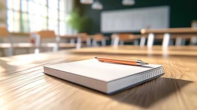 Notebook and pen on wooden table in bright classroom with natural light, blurred chairs and windows in background, creating calm focused atmosphere for study work writing education spiral notebook