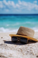 Straw hat and sunglasses on sandy beach with blue sea and sky in background during sunny summer vacation day
