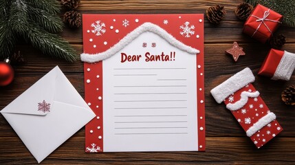 Christmas letter to Santa with red paper, white envelope, gifts and holiday decor on wooden background table