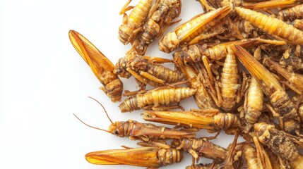 Group of dried grasshoppers on white background used as natural food source and protein snack in nutrition