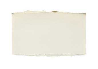 A closeup isolated shot of a torn piece of textured beige paper with rough uneven edges against a clean transparent background