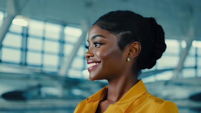 A smiling person in a formal attire looks cheerful and happy in an office setup