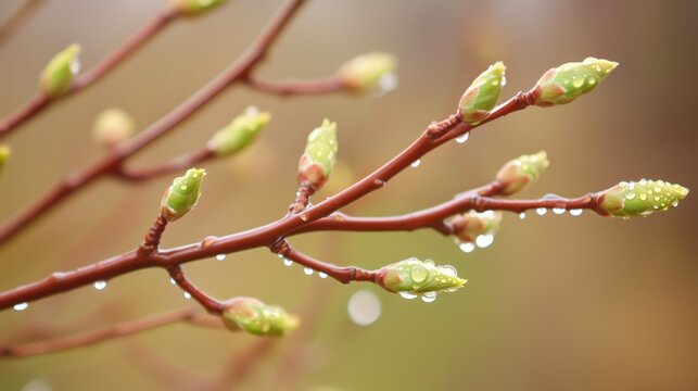 Fresh green buds on thin branches with water drops after rain in early spring on soft natural blurred background - Powered by Adobe
