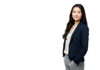 A confident asian businesswoman in a dark suit and white blouse stands with her hands in her pockets smiling at the camera in a professional studio