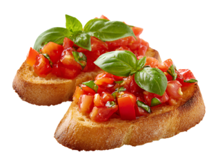 Bruschetta with tomatoes and basil, isolated on a white background