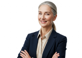 A smiling mature caucasian businesswoman with grey hair wearing a dark suit and beige shirt crosses her arms confidently while looking at the camera in
