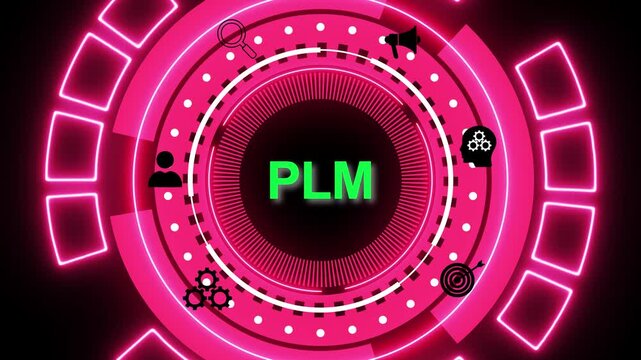 PLM Product lifecycle management system technology concept. Surrounded by icons symbolizing innovation, teamwork, gears, and system intelligence.