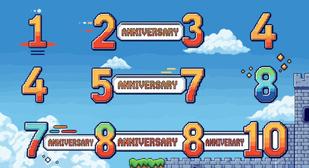 Celebrate milestones with vibrant pixel art anniversary numbers and castle elements, a playful silhouette design perfect for retro gaming themes and festive invitations