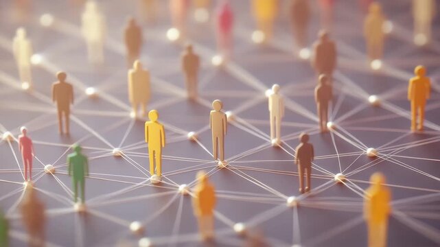 Wooden figures linked by lines on network surface symbolizing social connection teamwork communication collaboration community relationship link mesh modern networked organization interaction