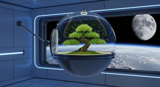 A bonsai tree preserved in a terrarium on a spaceship orbiting Earth