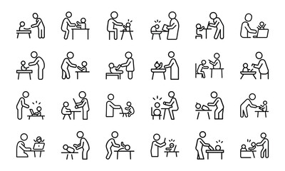 A comprehensive set of 24 black and white line icons representing diverse concepts such as business strategy, education, customer service, and daily life activities.